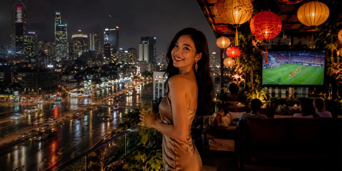 Người dùng tại TP Hồ Chí Minh theo dõi bóng đá trong không gian đèn lồng buổi tối